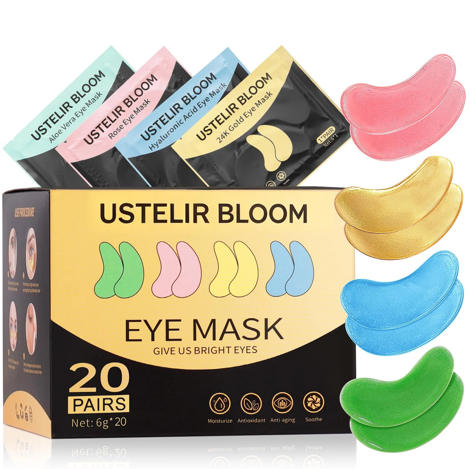 Recyclable Under Eye Patches 40 Pairs Eye Mask for Dark Circles Puffy Eyes Undereye Bags Wrinkles Eye Mask Patches with 24K Gold Hyaluronic Acid Rose Aloe Official
