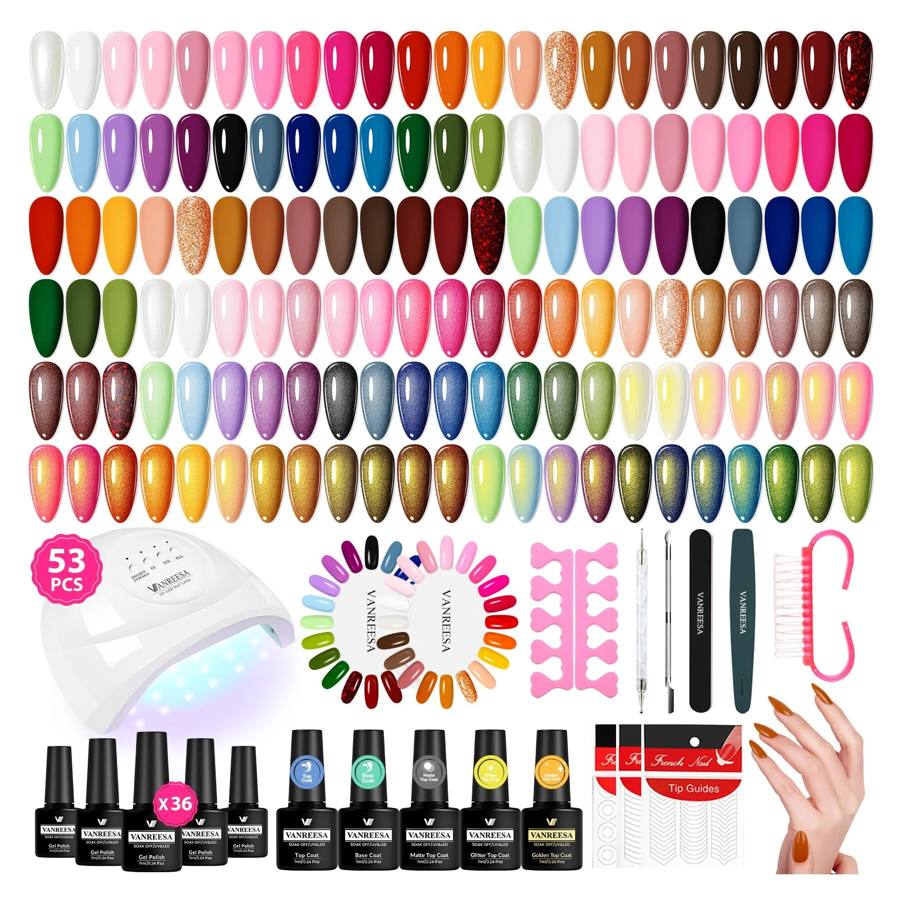 Consistent VANREESA Gel Nail Polish Kit with U V Light 53 Pcs Gel Polish Nail Set 36 Popular Colors Nail Polish Set with Base and 4 Effects Top Coat Traditional