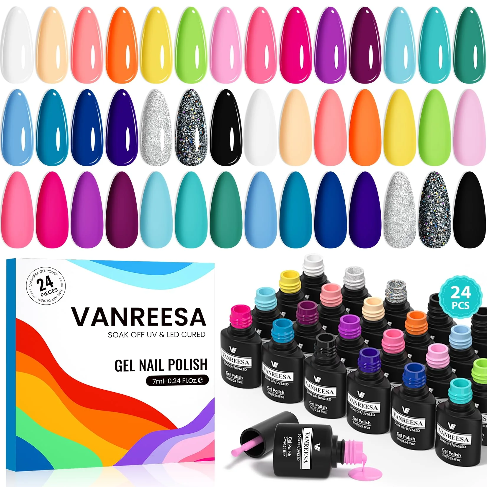 Refined VANREESA 24 Pcs Gel Nail Polish Set 21 Colors Gel Polish with Base Coat Glossy Matte Top Coat Pink Orange Yellow Green Purple Blue Glitter Gel Enhanced