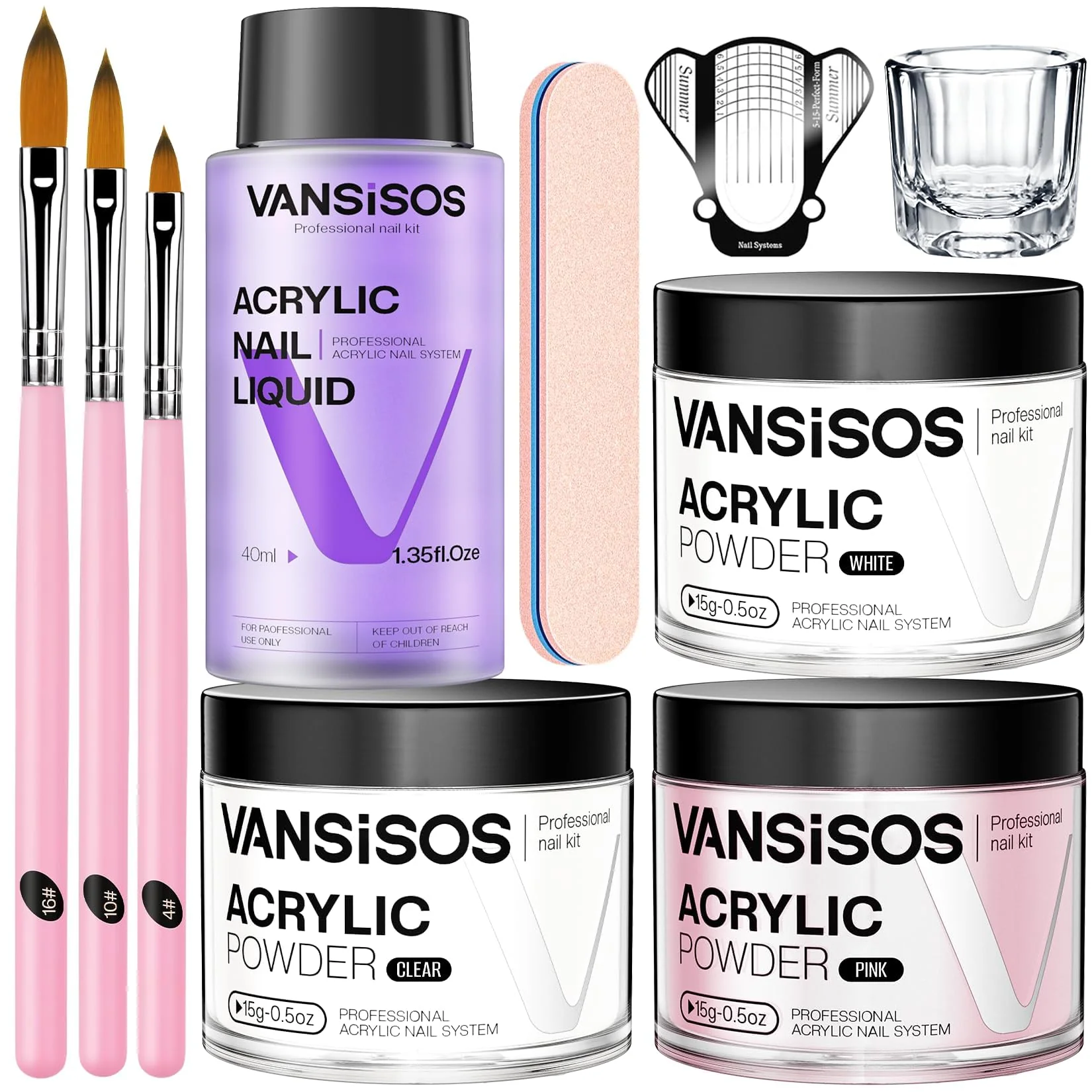 Detailed VANSISOS Acrylic Nail Kit for Beginners Clear White Pink Powder and Liquid Set Professional Nails Kit Acrylic Set with Brushes for Home DIY Authentic