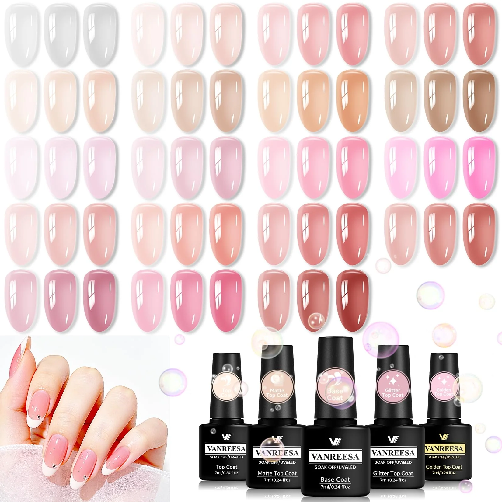 Superior VANREESA 24Pcs Jelly Gel Nail Polish Set -Soft Milky White Nude Pink Red Brown Jelly Translucent Gel Polish Colors with Base Coat 4 Top Coats Neutral Convenient