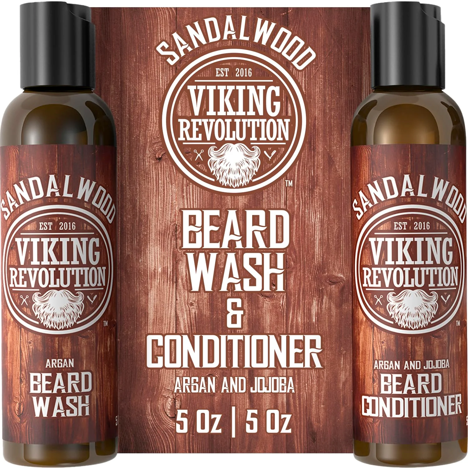 High-Grade Viking Revolution Beard Wash Beard Conditioner Set w Argan Jojoba Oils - Softens Strengthens - Natural Beard Shampoo w Beard Oil Sandalwood User-Friendly