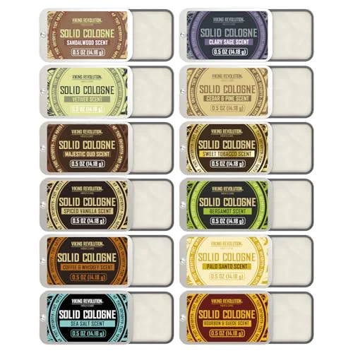 Expertly Made Viking Revolution Solid Cologne 12pk for Men - Men's Cologne Gift Set with Sandalwood Vetiver Palo Santo Coffee Whiskey Spiced Vanilla Bourbon Minimalist