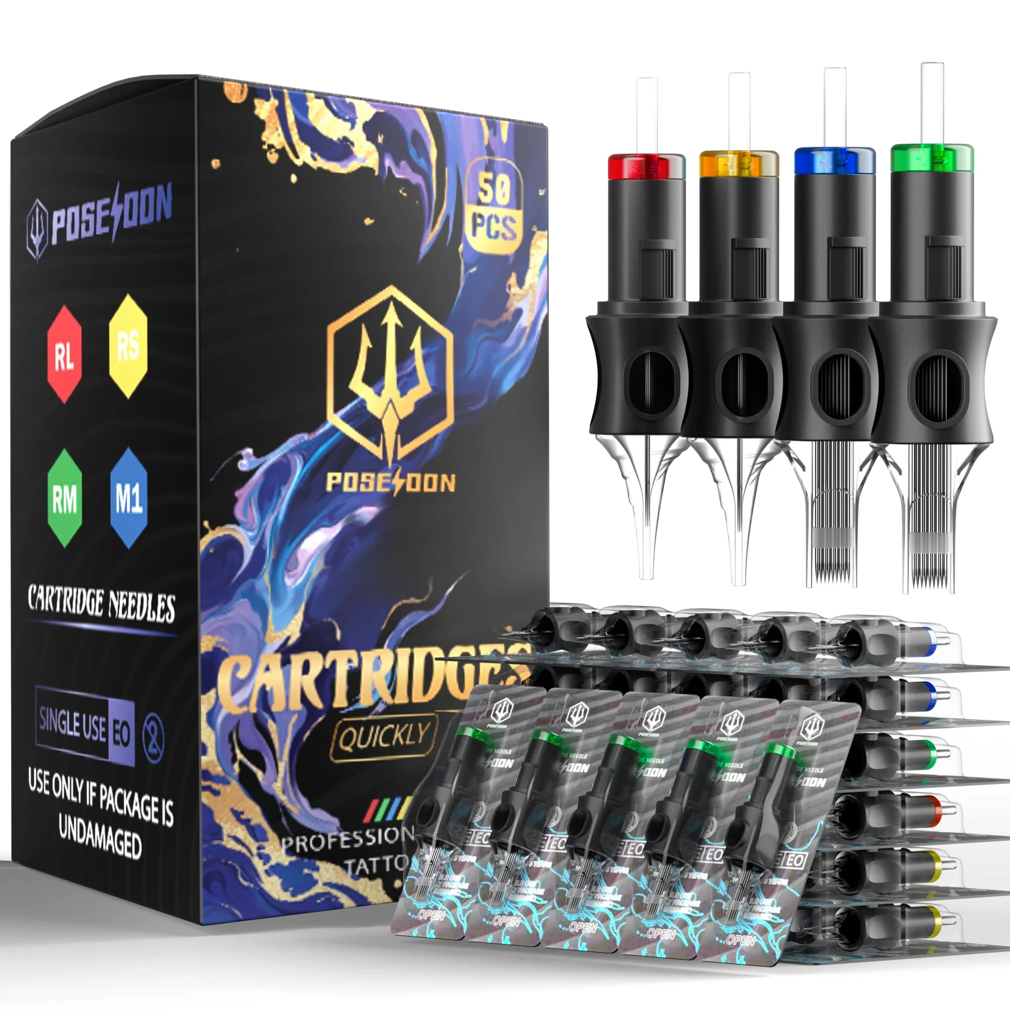 Smooth POSEIDON 50PCS Tattoo Cartridge Needles Assorted Mixed Size 12 Round Shader - 1203RS 1205RS 1207RS 1209RS 1211RS with Membrane Professional Premium