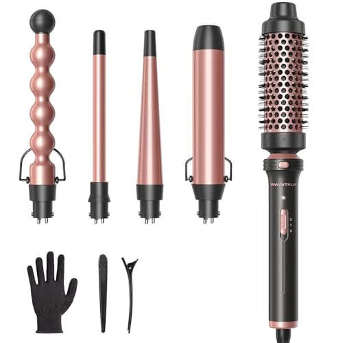 Organic Wavytalk 5 in 1 Curling Wand Set Multi Curl Curling Wand Set with Thermal Brush and 4 Interchangeable Ceramic Curling Wand 0.5 -1.25 Instant Heat Premium
