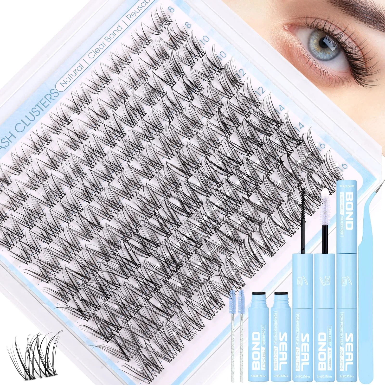Fast Natural Lash Clusters Kit Invisible Band Eyelash Clusters DIY Lash Extension Kit Wispy Eyelash Extension Kit Clear Band Cluster Lashes with Lash Glue Pure