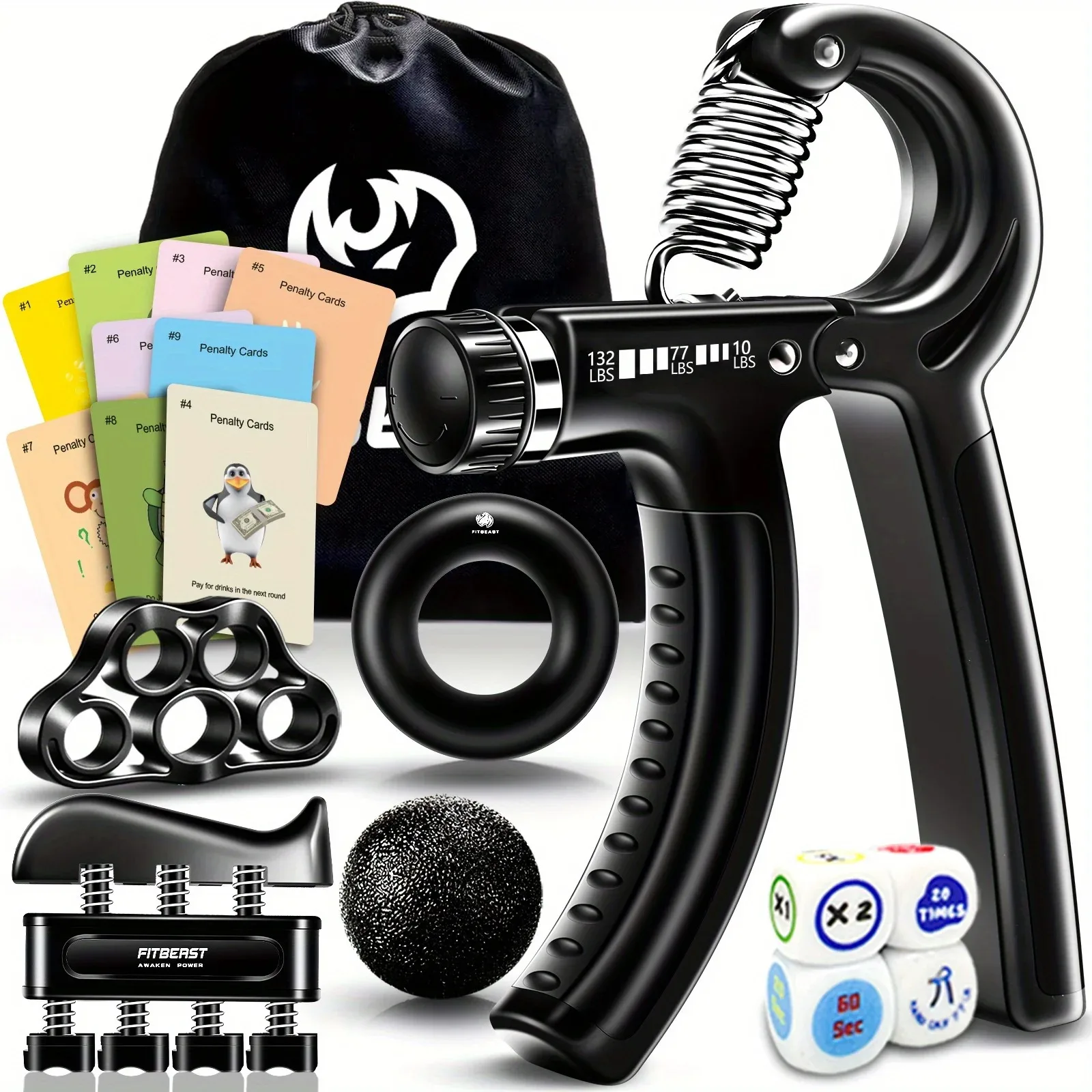 Expertly Made Grip Strengthener - 8 Piece Kit with Hand Grips Dice and Game Cards - Forearm Strength Training Option Enhanced