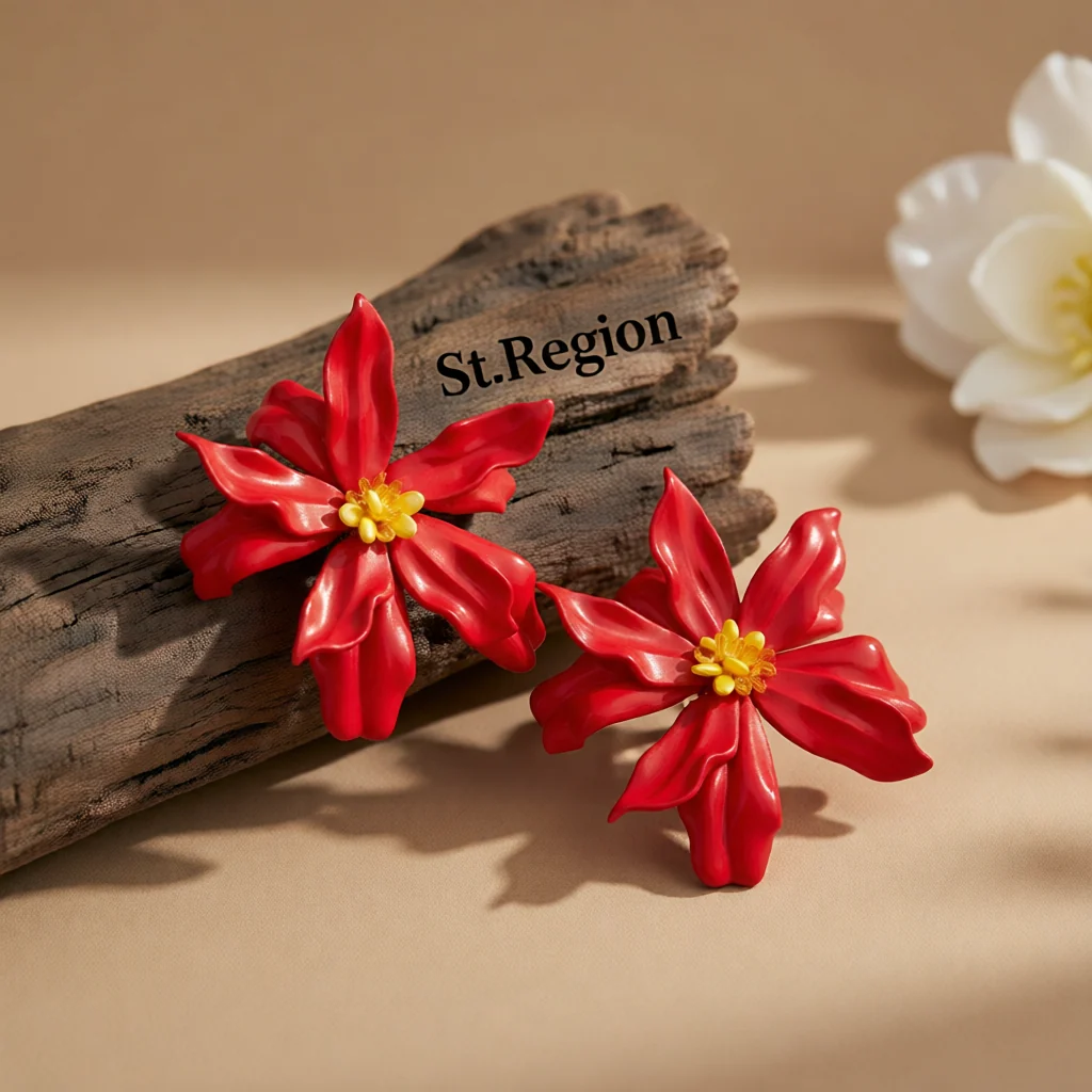 High-End Colored Acrylic Red Resin Goldtone Flower Statement Earrings Elite