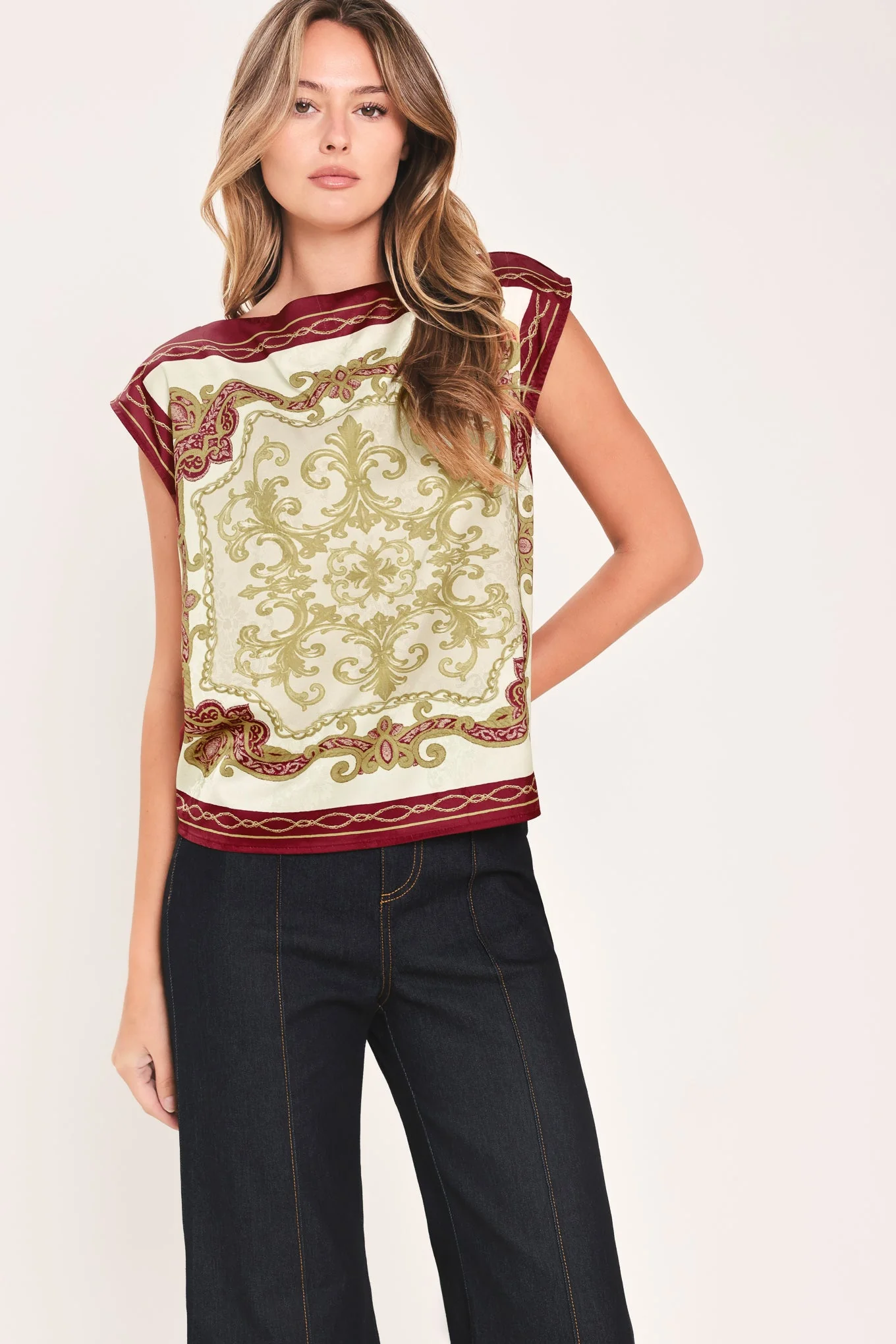 Natural Vintage Vine Burgundy Printed Wide-neck Top Authentic