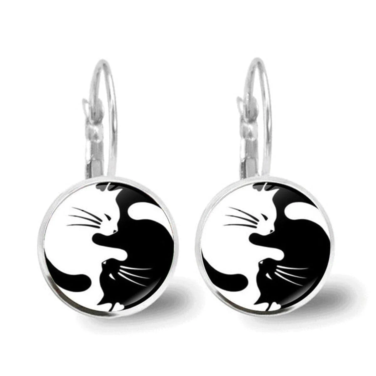 Eco-Friendly Black Silvertone Yin Yang Cat Drop Earrings Prestigious