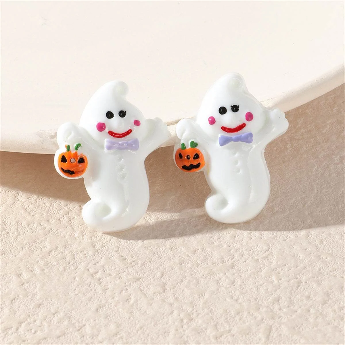 Unique White Silvertone Ghost Pumpkin Stud Earrings Recyclable