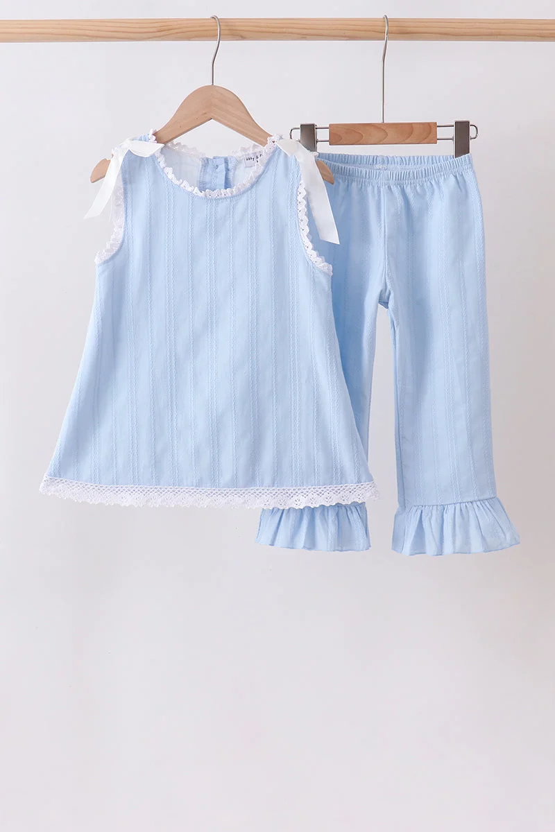 Detailed Blue Jacquard Lace Ruffle Pants Set Lightweight