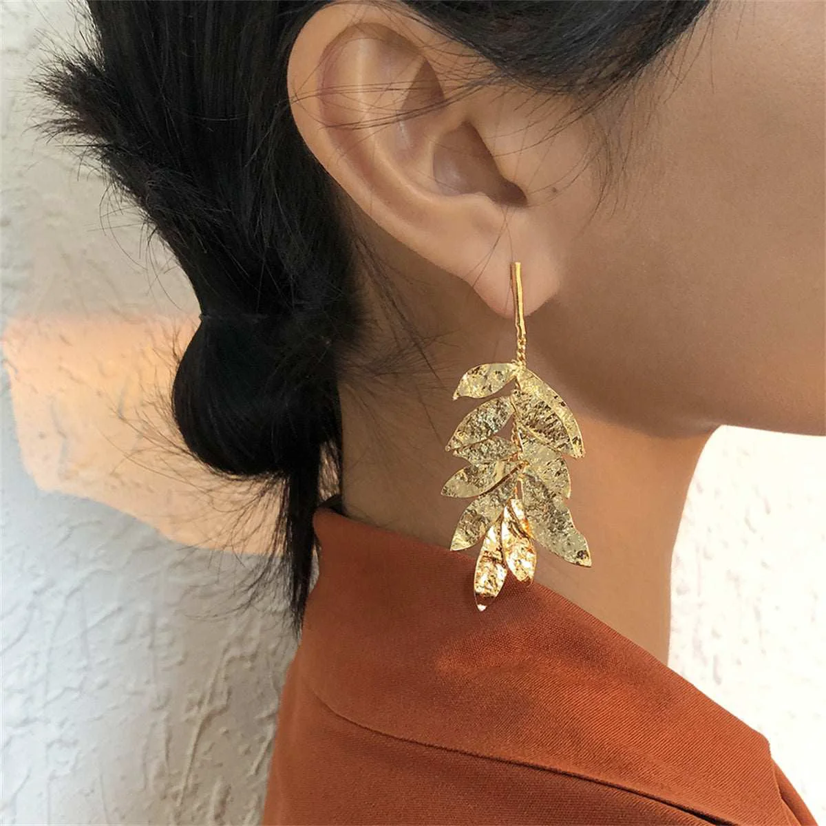 Effective Goldtone Textured Leaves Drop Earrings Powerful