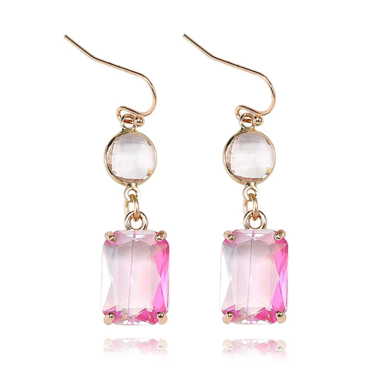 Fine Light Pink Crystal Goldtone Round Rectangle Drop Earrings Traditional