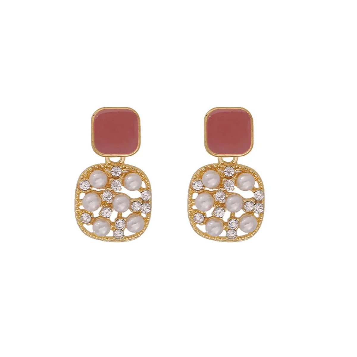 Refined Dark Red Enamel Pearl Cubic Zirconia-Accent Goldtone Square Drop Earrings Detailed