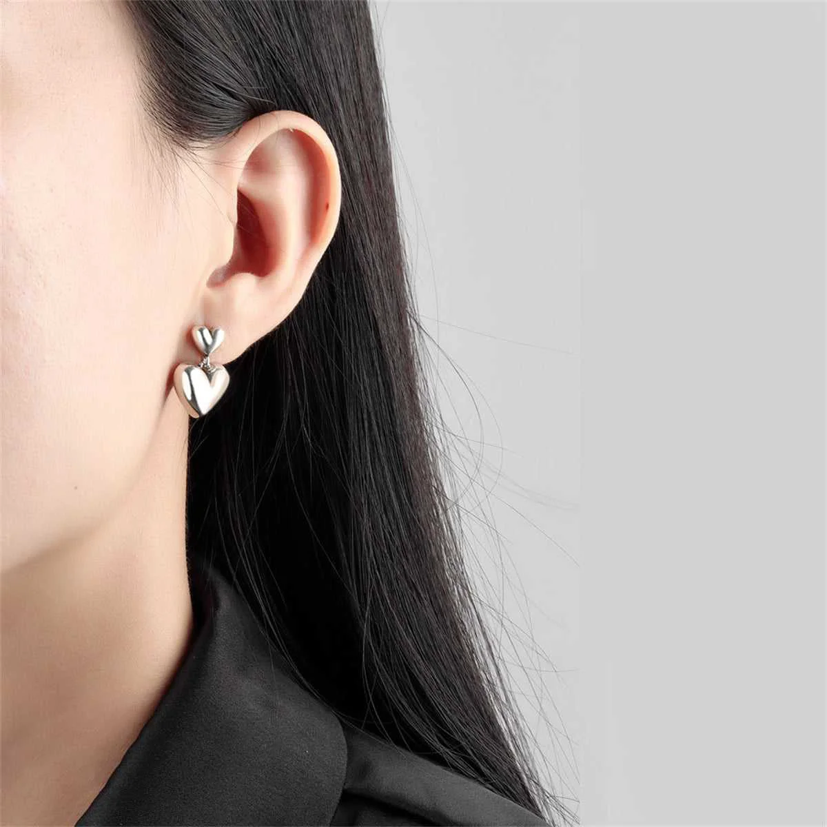 Stylish Silvertone Double Heart Drop Earrings Natural