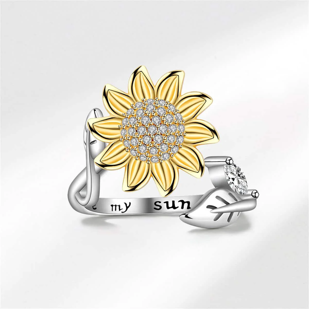 Expertly Made Cubic Zirconia Two Tone Rotatable Sunflower Bypass Ring Reliable