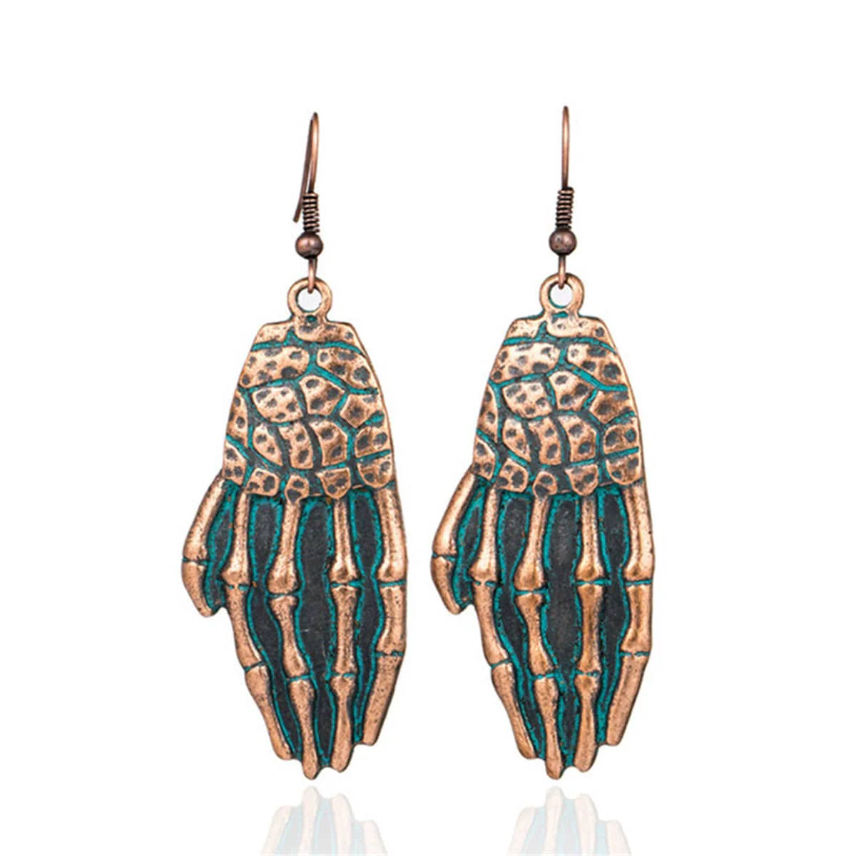 Flexible Teal Enamel Goldtone Skull Hand Drop Earrings Organic