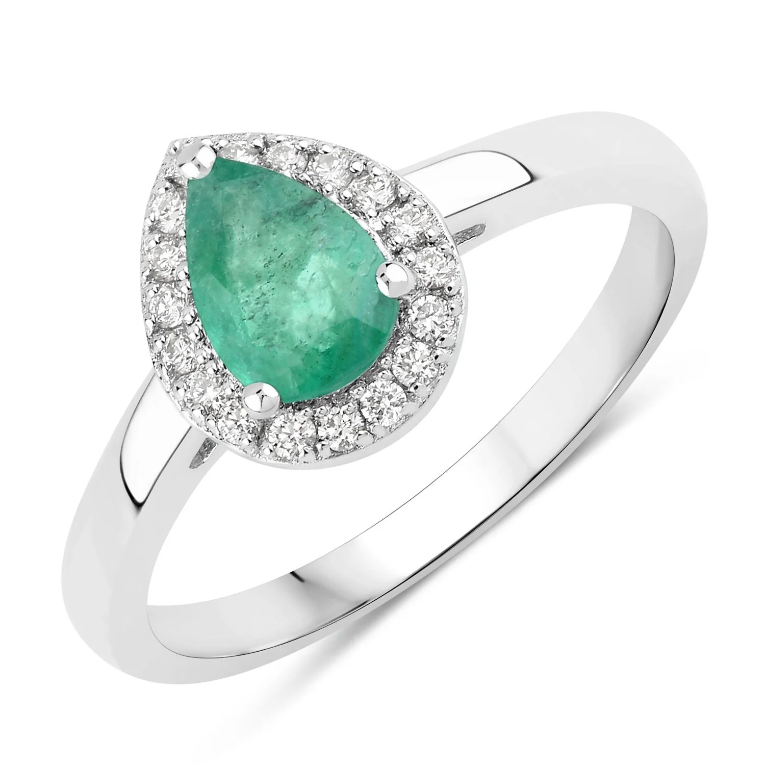 First-Class 0.65 Ct Pear Green Zambian Emerald Lab Diamond Prong Silver Halo Ring Clean