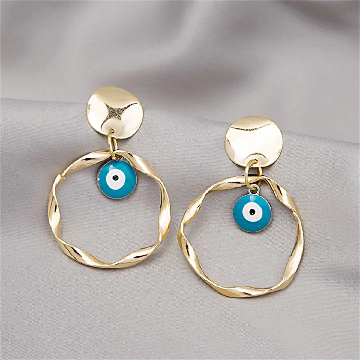 Verified Enamel Goldtone Evil Eye Twisted Circle Drop Earrings Fine Crafted