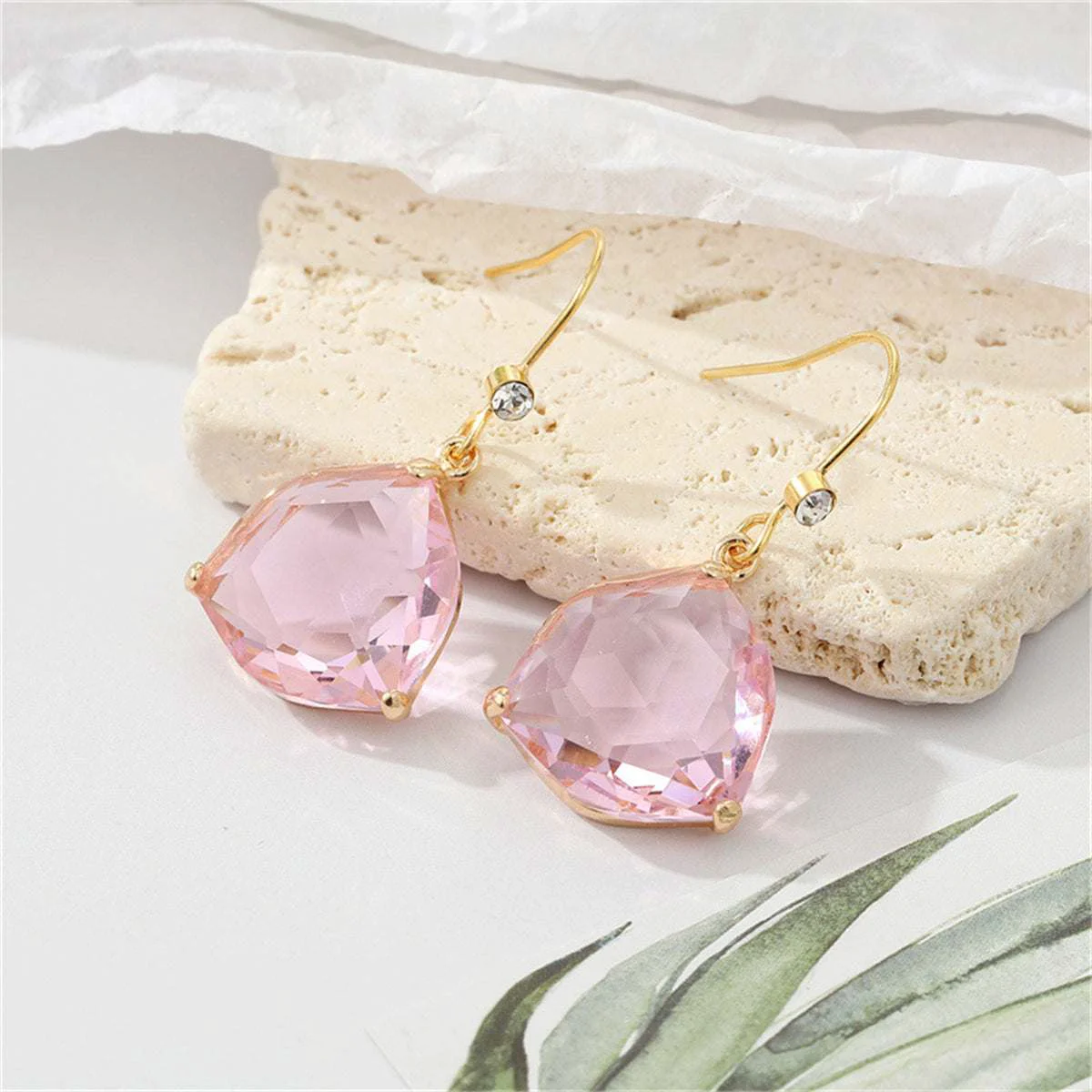 Smooth Pink Crystal Cubic Zirconia Hexagon Drop Earrings Enhanced