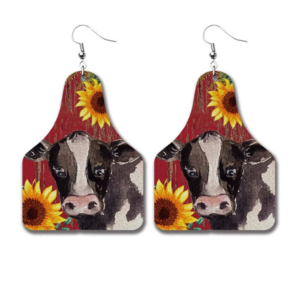Durable Red Silvertone Sunflower Cow Dangle Earrings Outstanding