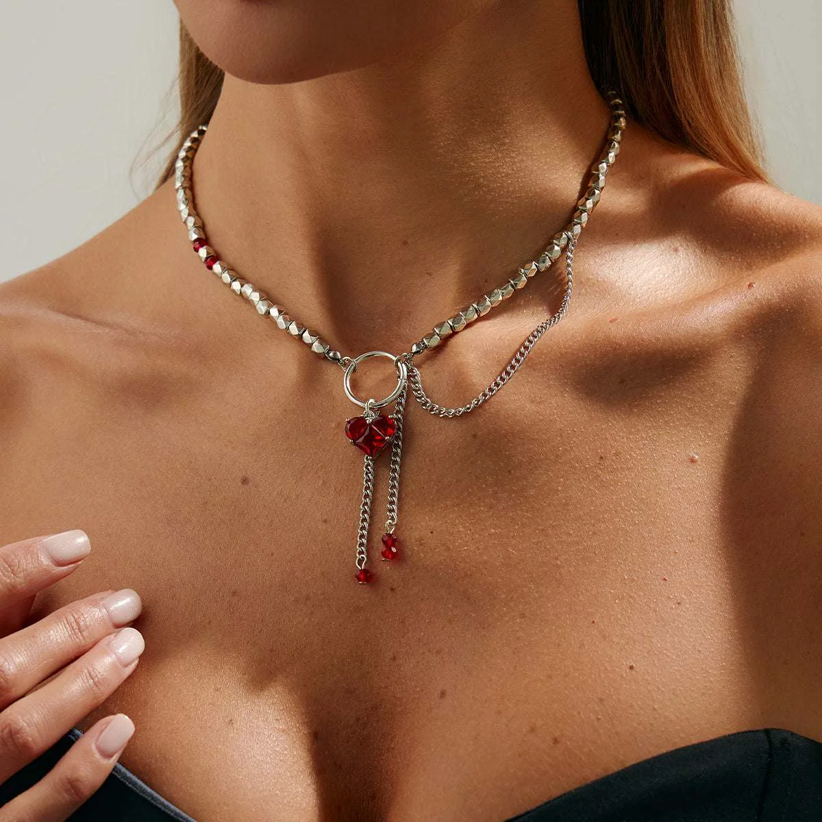 Natural Red Crystal Acrylic Silvertone Beaded Chain Heart Tassel Necklace Genuine
