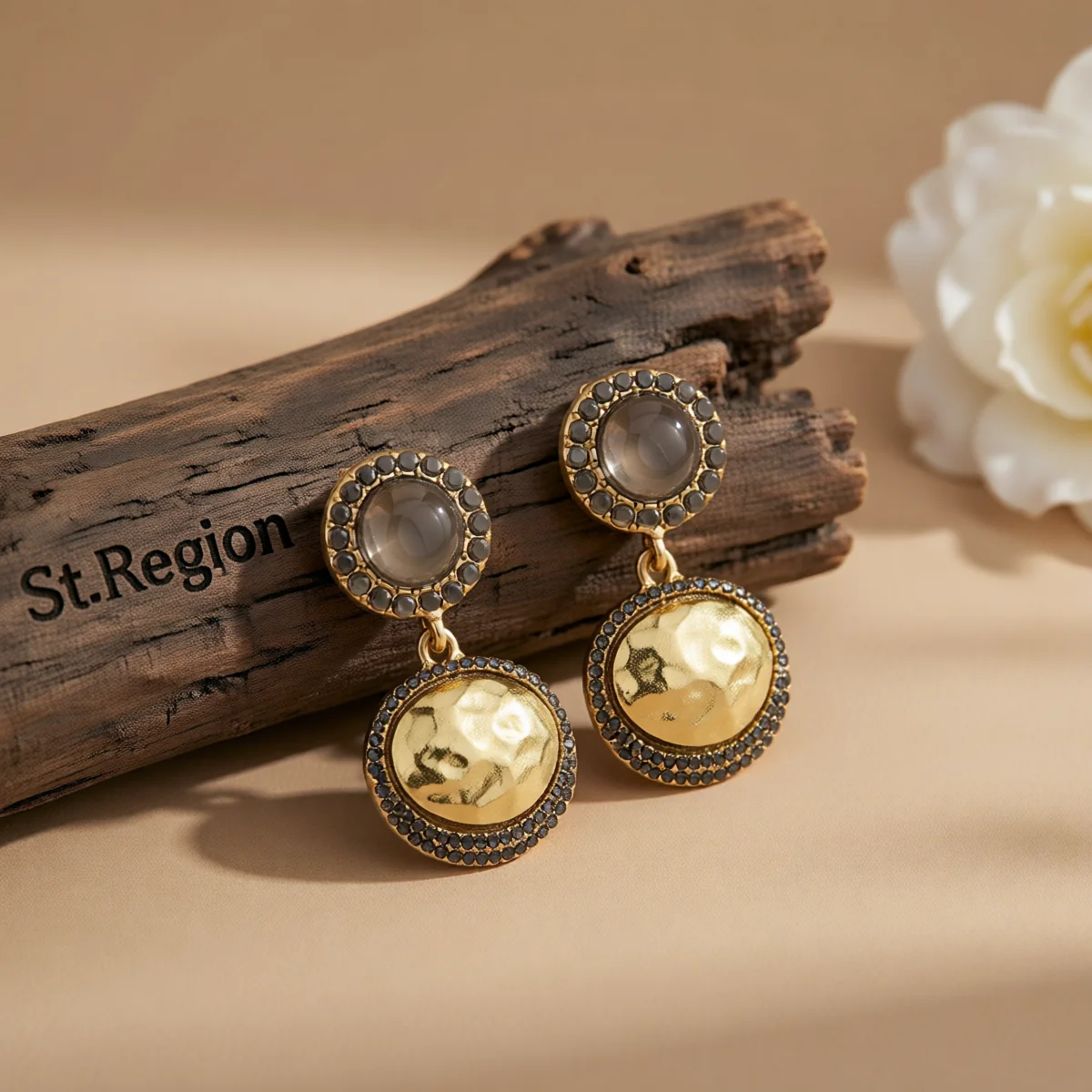 Detailed Cubic Zirconia Resin Goldtone Dual-Round Dangle Earrings Innovative