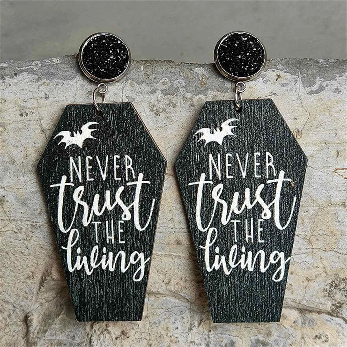 Easy-to-Use Black Wood Silvertone ' Trust the Living' Coffin Drop Earrings Innovative