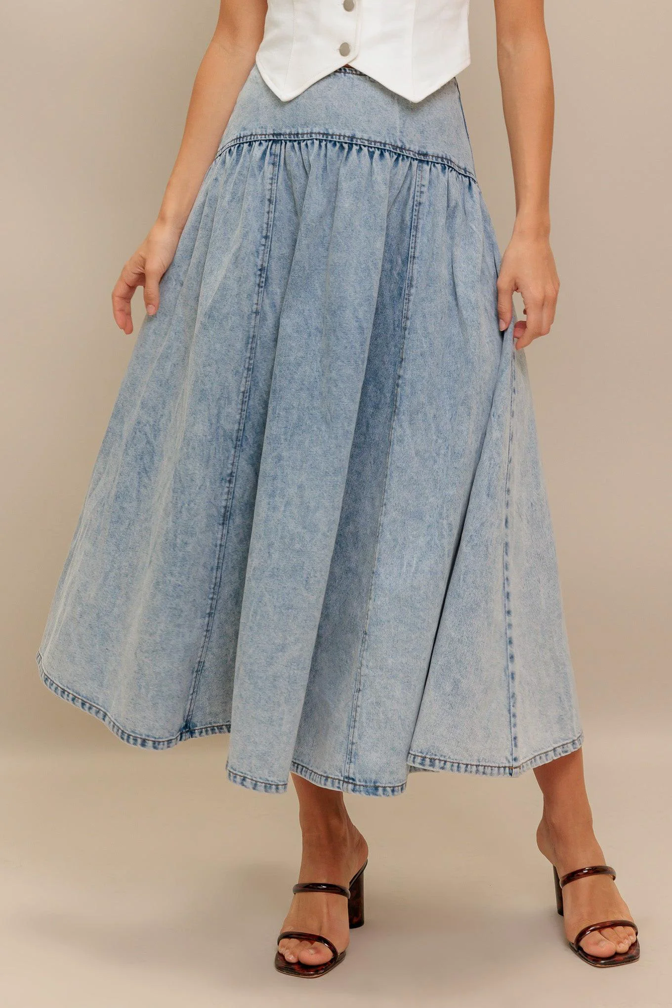 Green American Blend Denim Midi Skirt Trendy