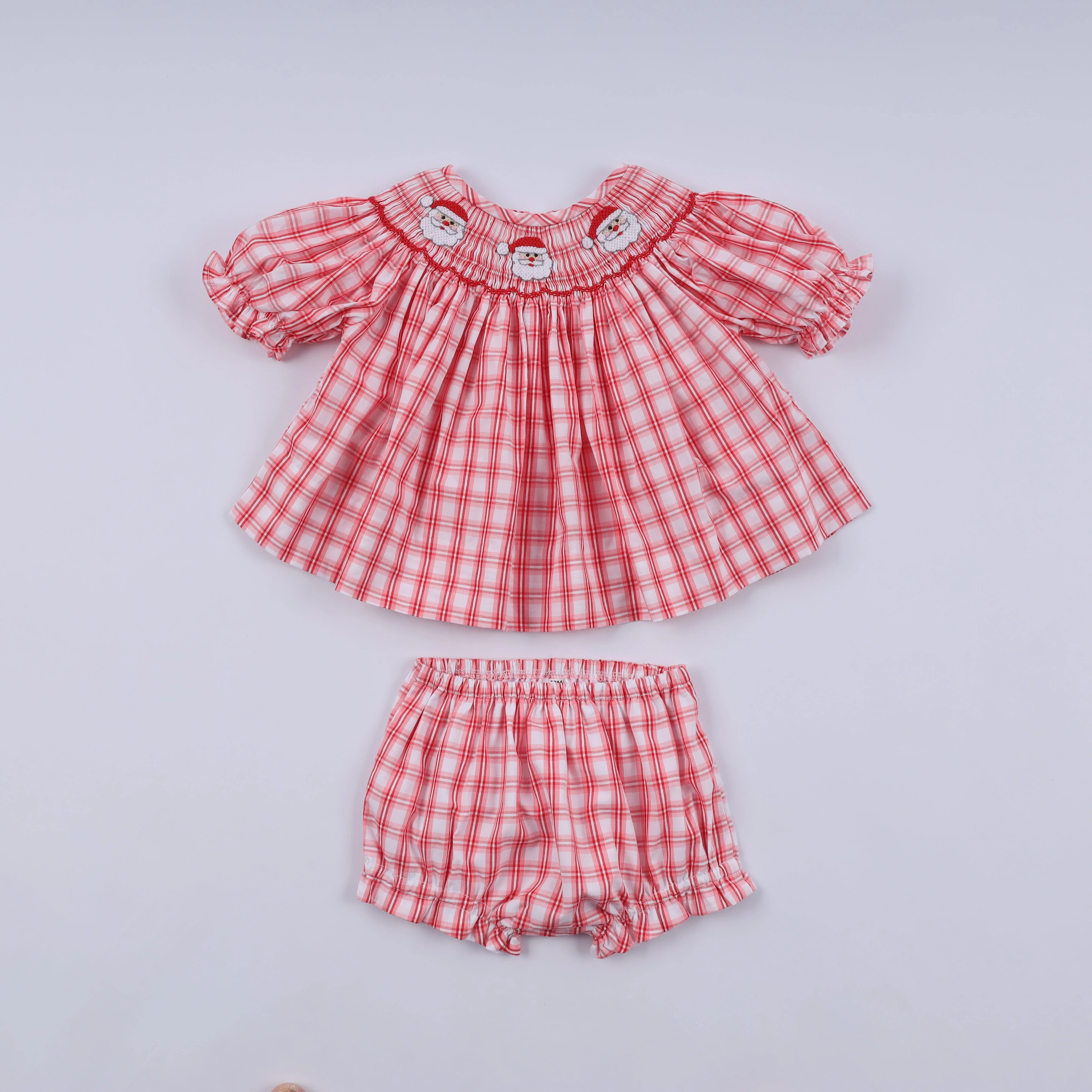 Excellent Red christmas santa claus hand smocked plaid bloomer set Recyclable