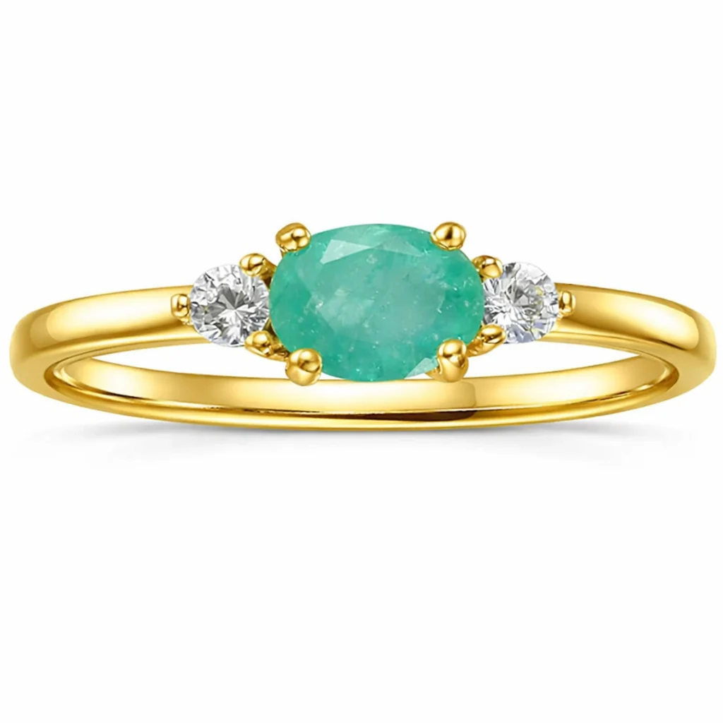 Flexible 0.43 Ct Oval Green Emerald and White Sapphire Prong 22K Gold Vermeil Three Stone Promise Ring User-Friendly