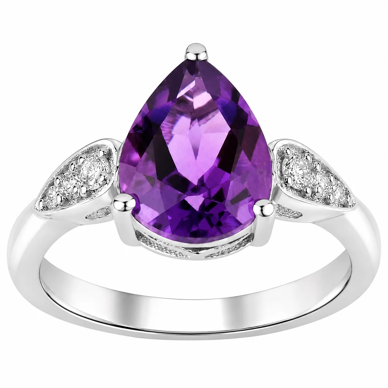 Trusted 2.10 Ct Pear Purple Amethyst and Lab Diamond Prong Silver Cocktail Ring Dependable