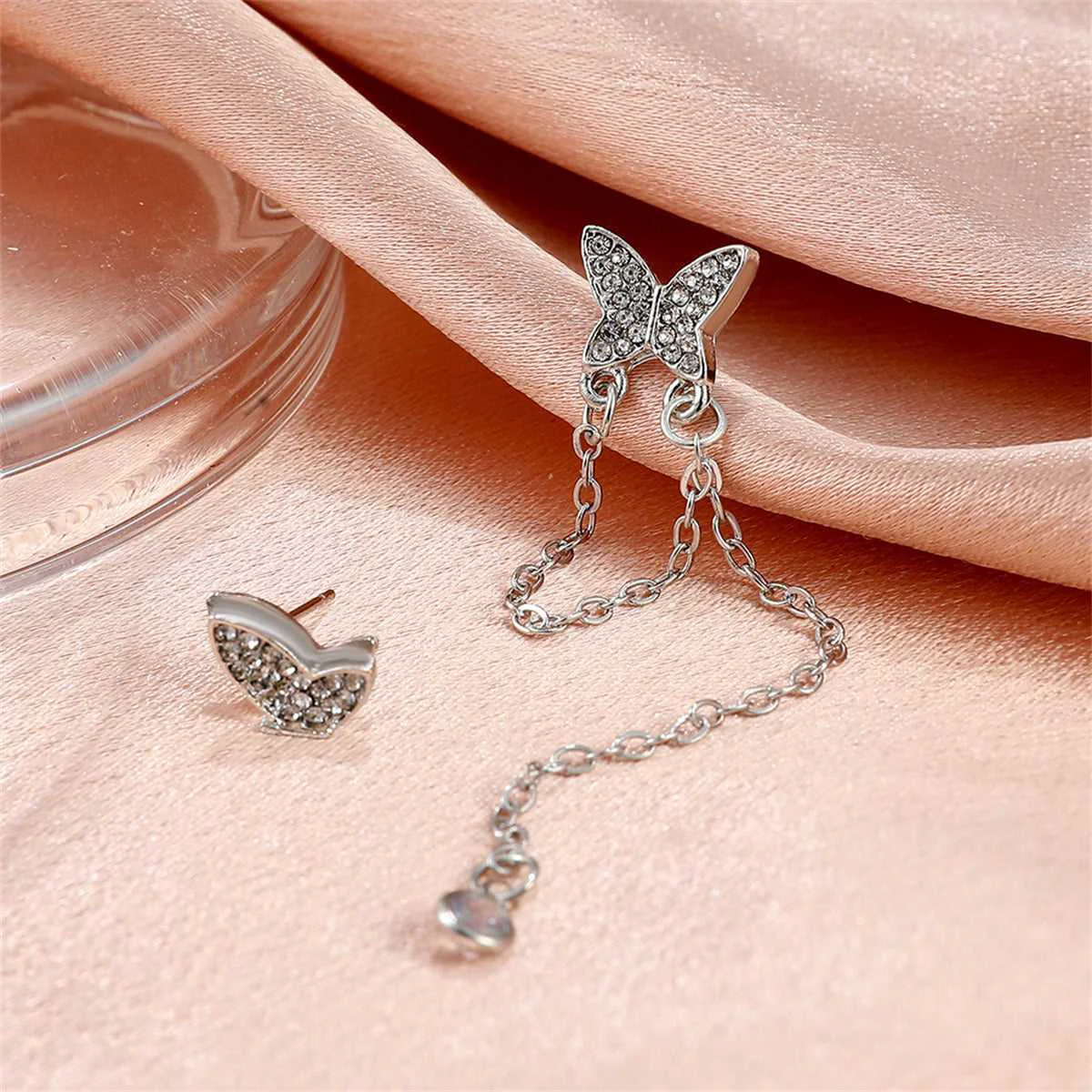 Premium Material Cubic Zirconia Silvertone Asymmetric Butterfly Earrings Powerful