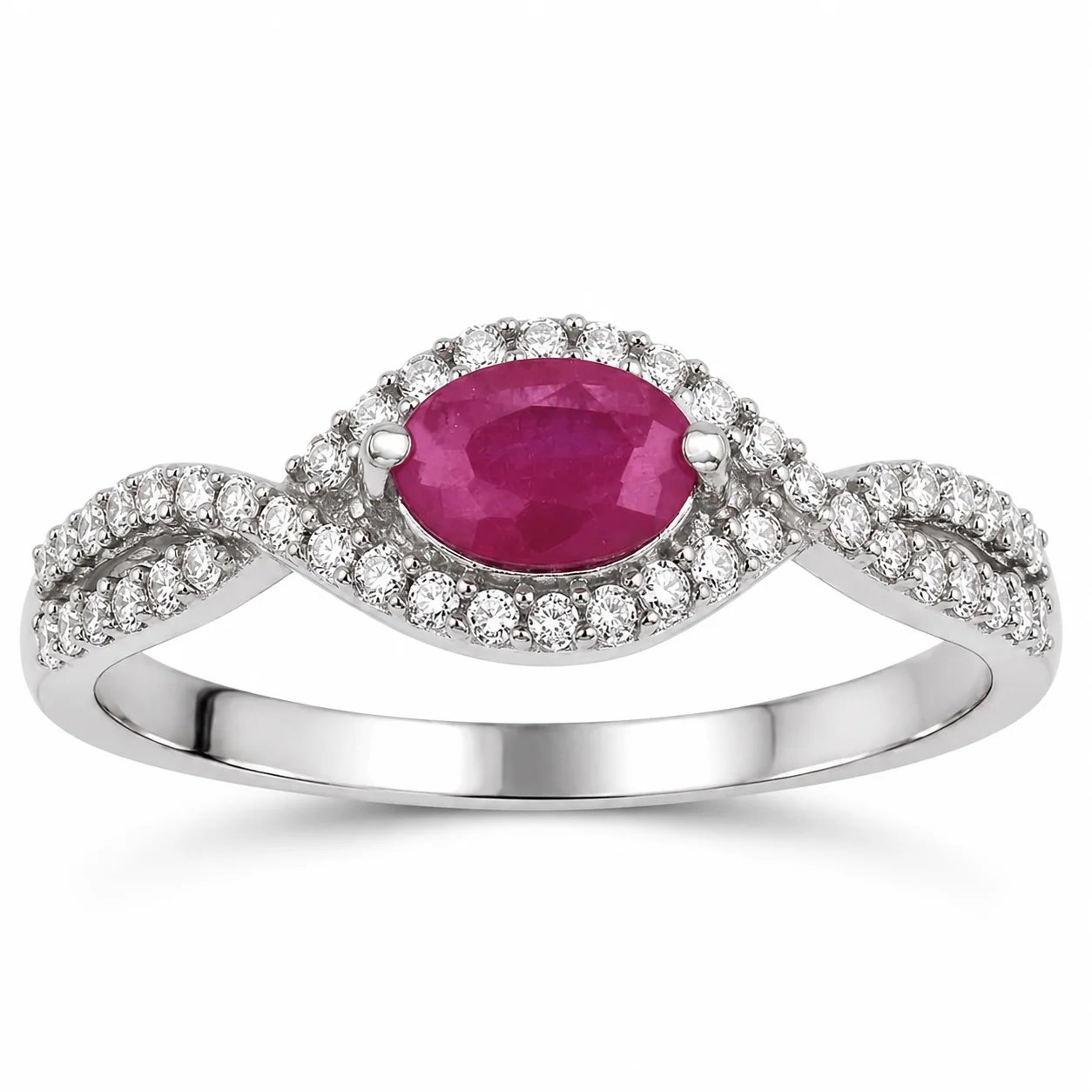 Authentic 0.27 Ct Oval Pink Ruby White Diamond Prong 14K White Gold Crossover Halo Ring Sophisticated