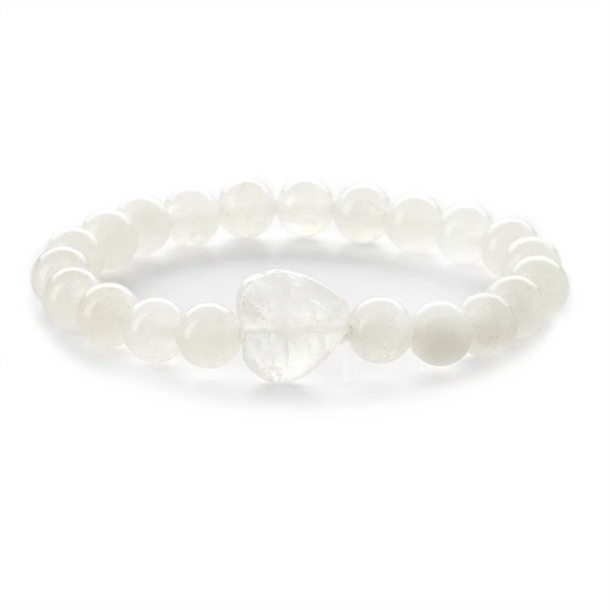 Secure White Quartz Heart Charm Beaded Stretch Bracelet Flexible