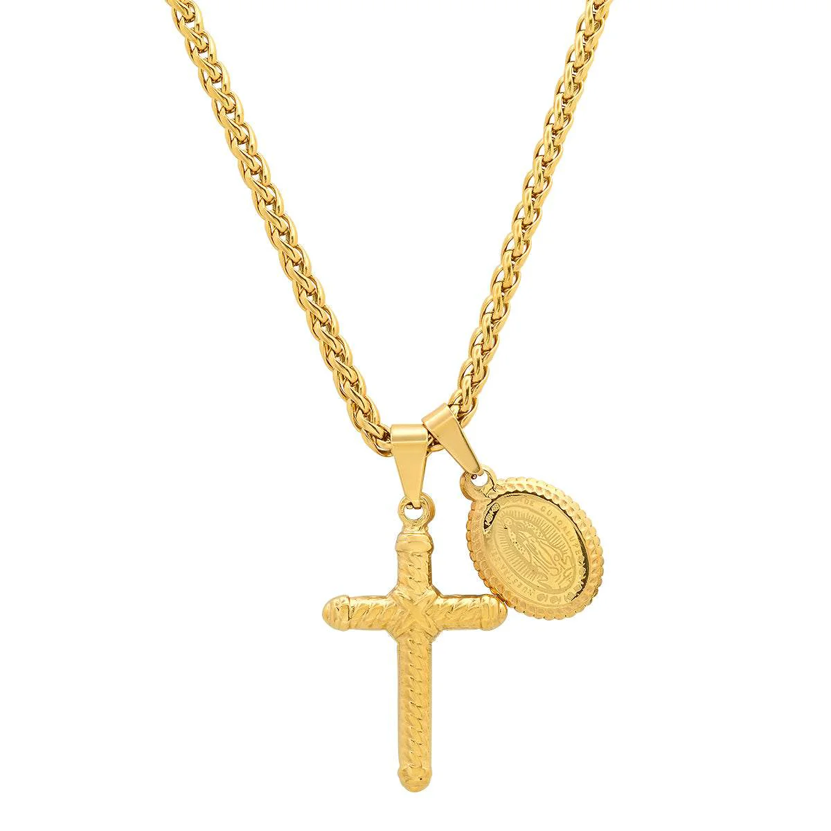 User-Friendly 18K Gold Plated Stainless Steel Lady Of Guadalupe And Cross Pendant Sophisticated