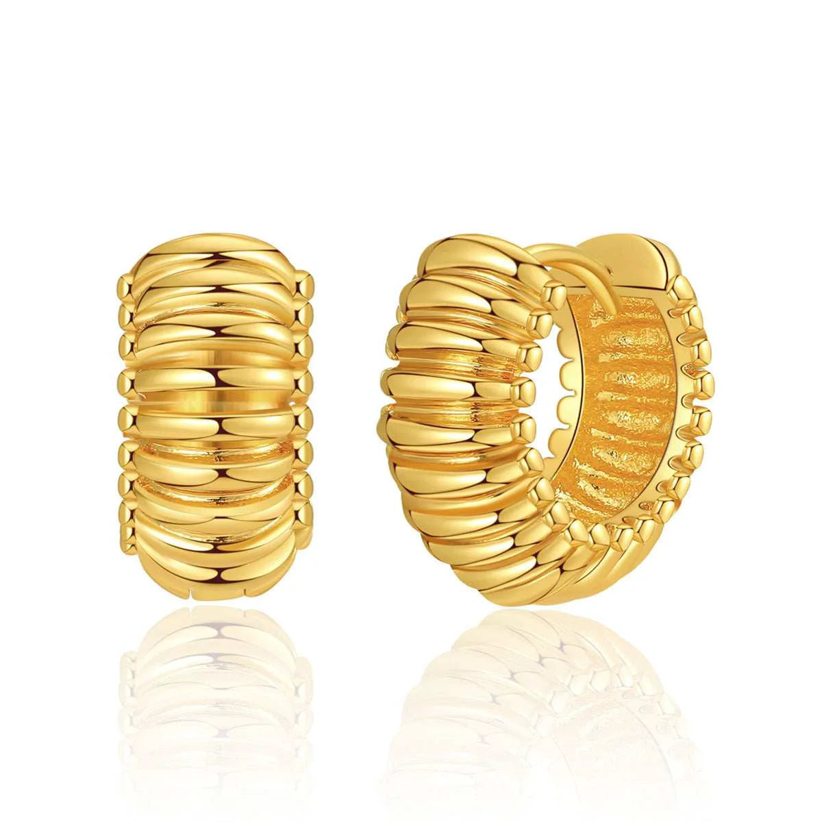Clean Goldtone Ribbed Huggie Earrings Smooth