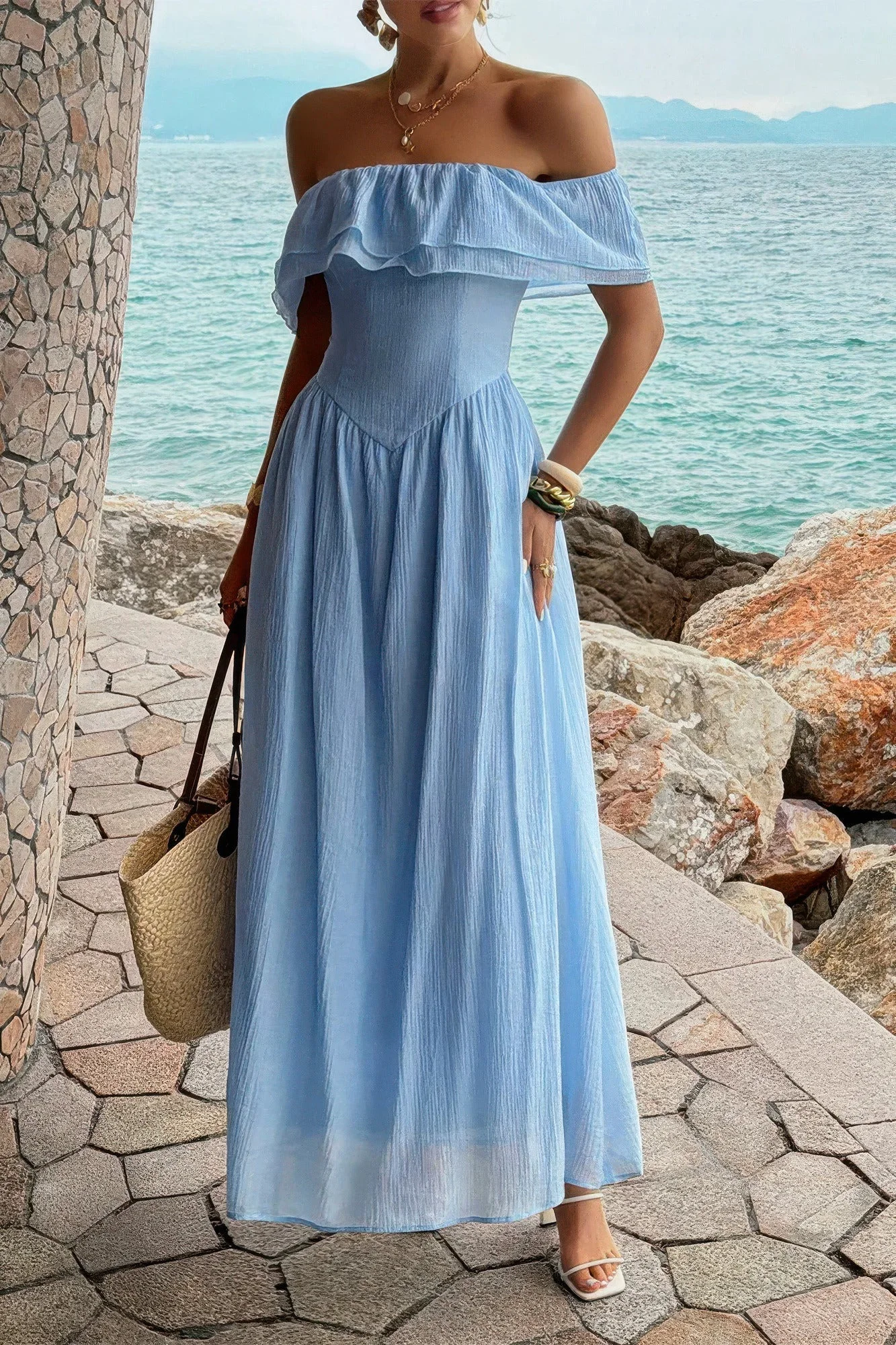 Genuine Solid Off Shoulder Corset Ruffle Long Dress Innovative