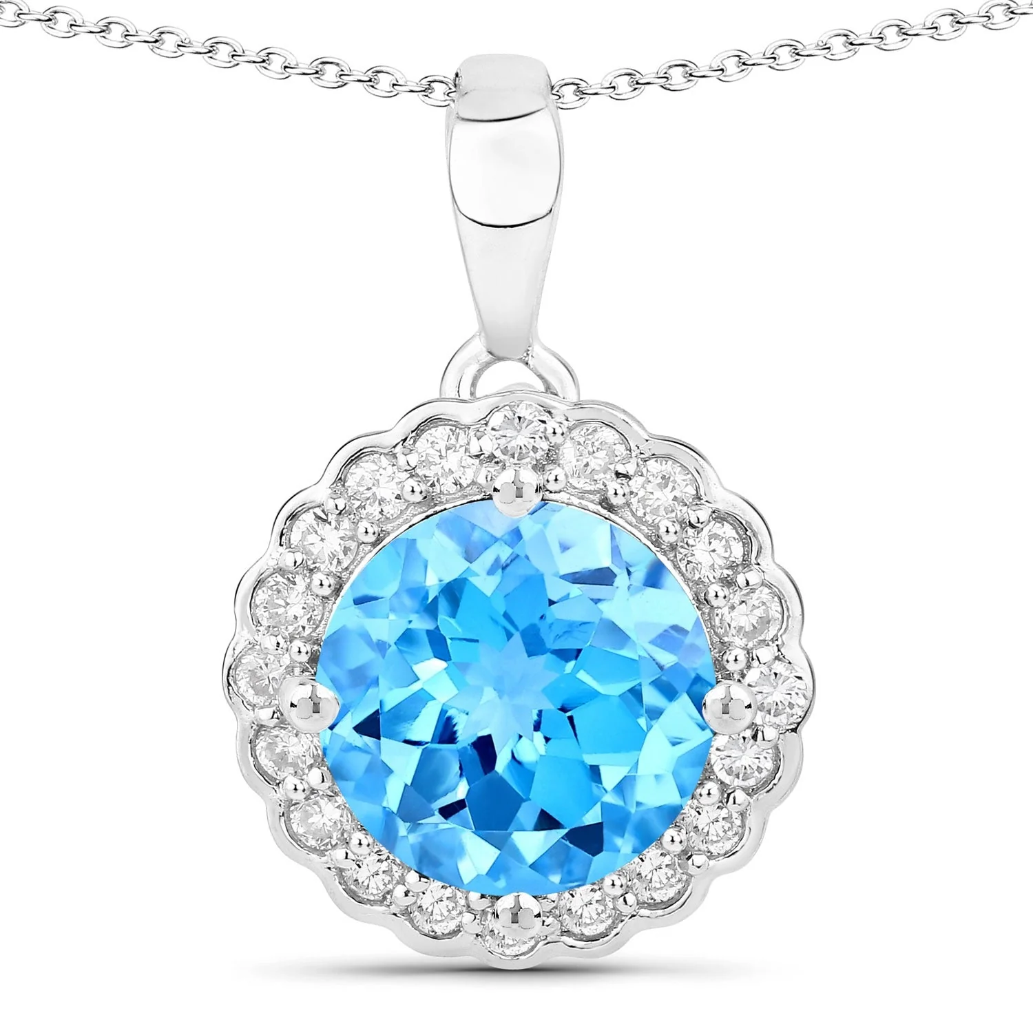 Dependable 3.75 Ct Round Swiss Blue Topaz Lab Diamond Prong Silver Halo Floral Pendant Necklace Detailed