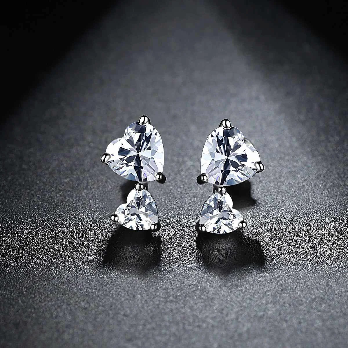 Fine Crystal Silvertone Double Heart Stud Earrings Solid