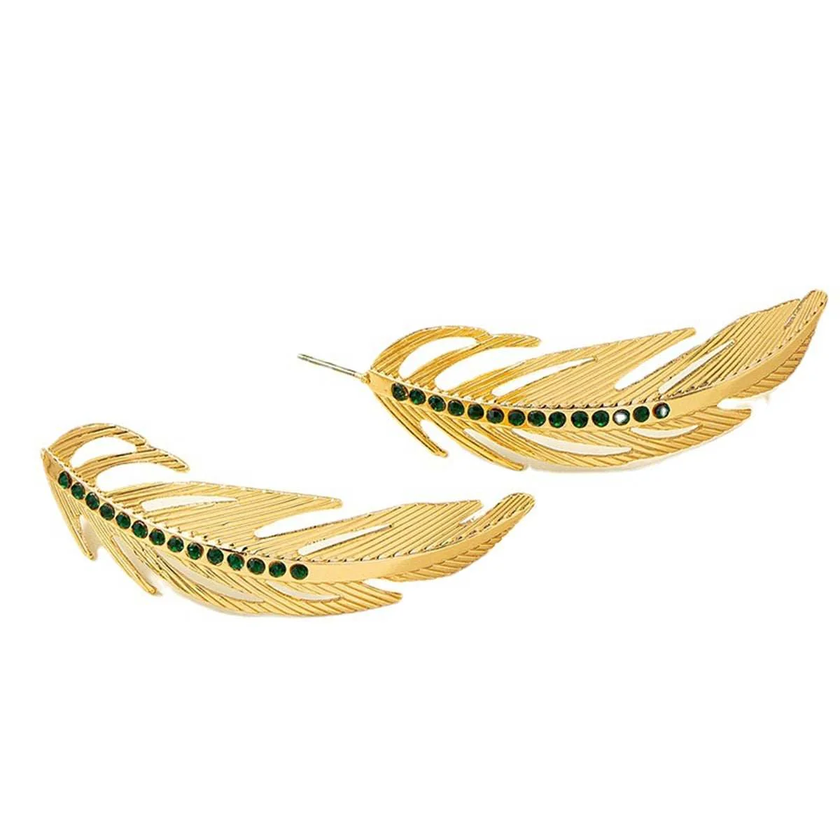Green Black Cubic Zirconia Goldtone Feather Drop Earrings Luxury