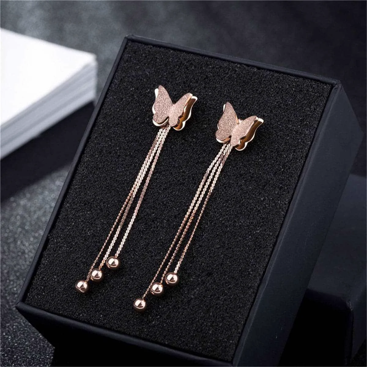 Casual Rose Goldtone Butterfly Bead Drop Earrings Stylish