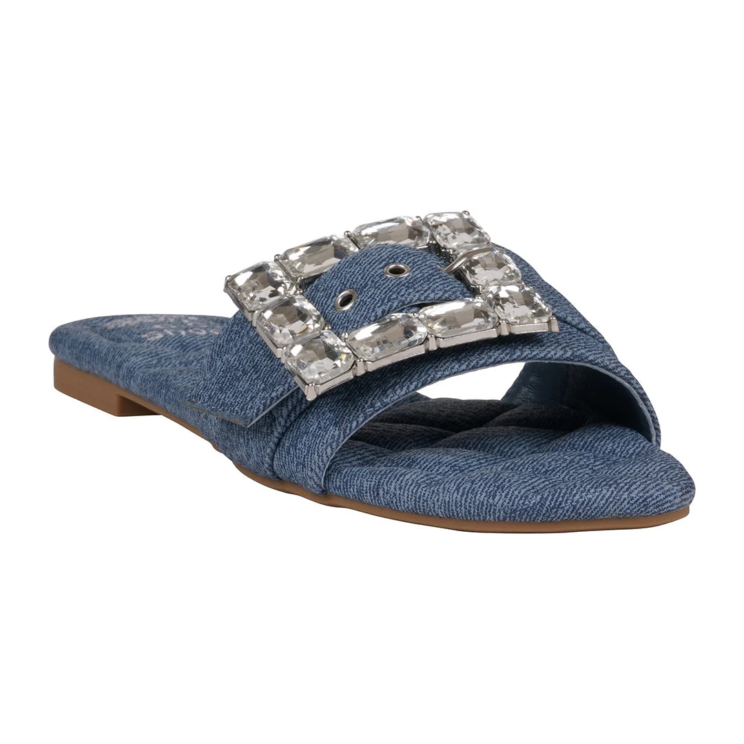 Fine Crafted Women's Bianca Denim Rhinestone Buckle Flat Sandals Expertly Made