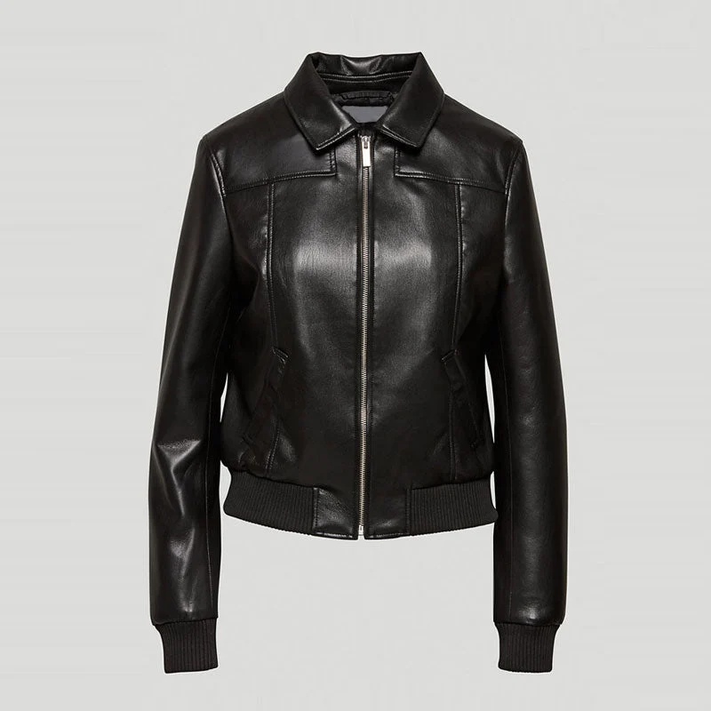 First-Class Black Women Aviator Sheepskin Shearling Motorbike Leather Bomber Jacket Elite