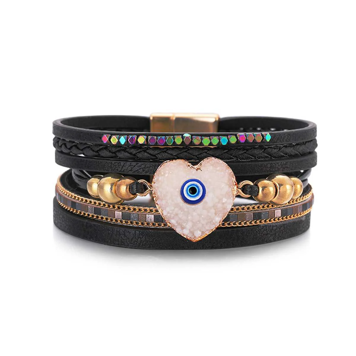 Luxury Black White Goldtone Evil Eye Hear Layered Bracelet Crafted