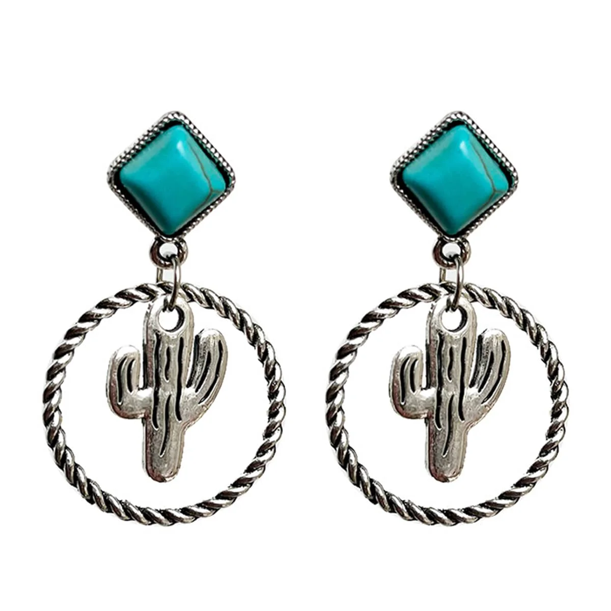 High-Grade Turquoise Silvertone Cactus Drop Earrings Natural
