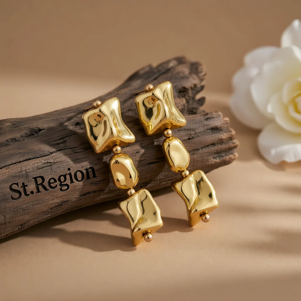Official Goldtone Cube Bead Dangle Earrings Safe