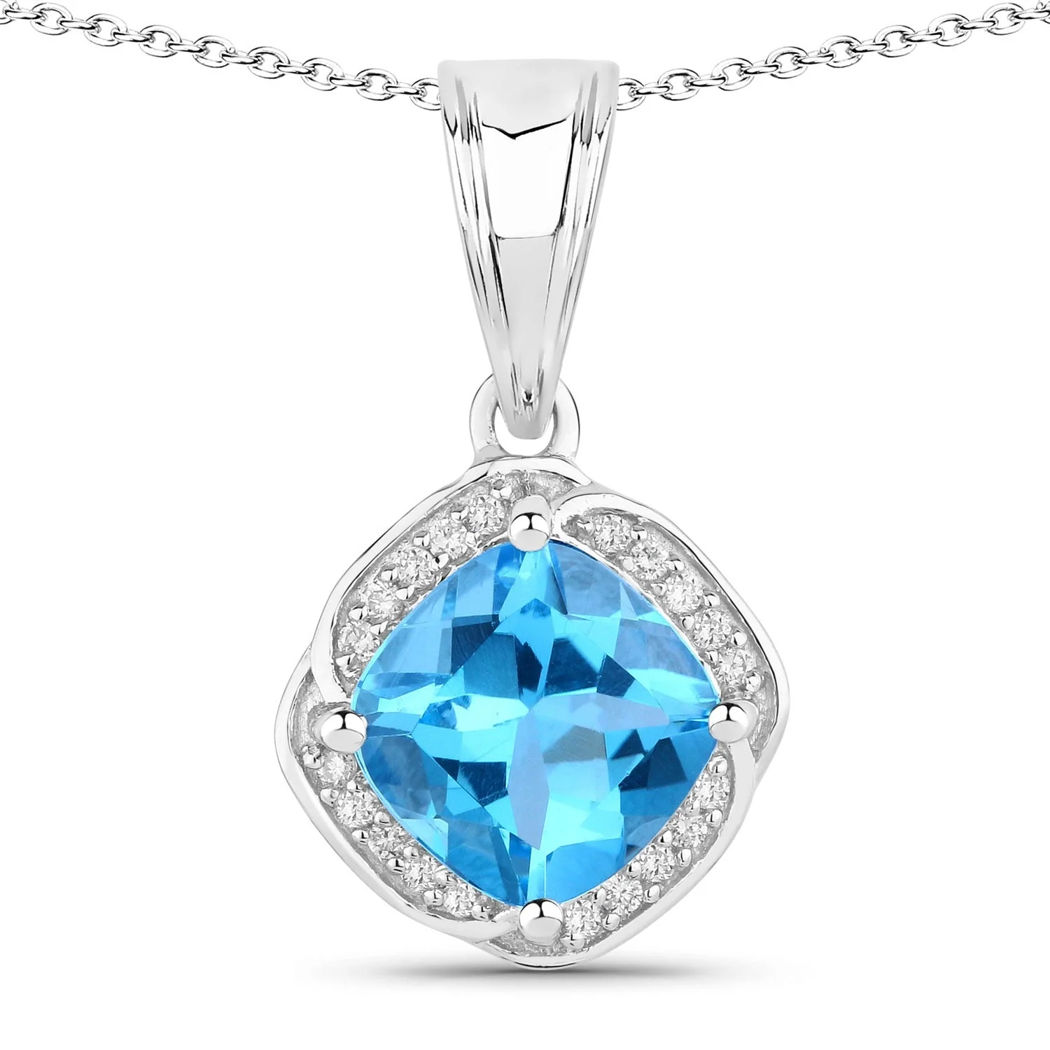 Exceptional 2.30 Ct Cushion Swiss Blue Topaz and Lab Diamond Prong Silver Halo pendant Necklace Next-Generation