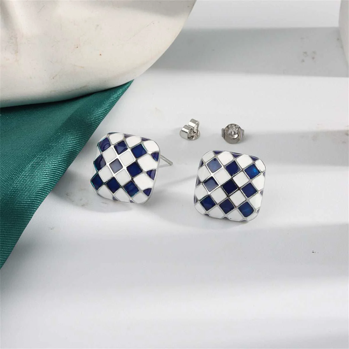 Certified Blue White Silvertone Checkerboard Square Stud Earrings Efficient